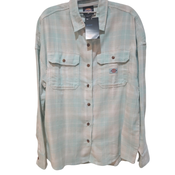 Dickies Women Oversize Flannel Winter Shirt Size M Soft Gray Turquoise Plaid - Picture 3 of 8